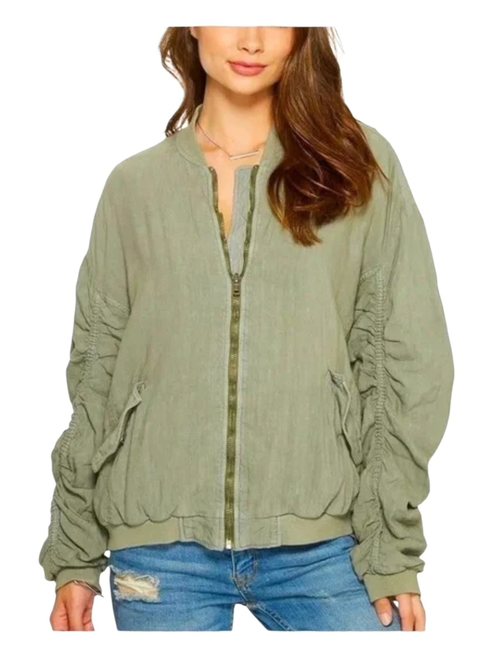 Free People Olive Green Ruched-Sleeve Bomber Jacket